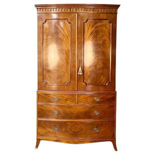 George lll Mahogany Armoire, Wardrobe, Linen Press, Bow Front, Schmieg & Kotzian: Title: George lll Mahogany Armoire, Wardrobe, Linen Press, Bow Front, Schmieg & KotzianDescription: George lll Style Mahogany Armoire, Wardrobe, Linen Press, Schmieg & Kotzian A stunning flame