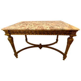 Center Table or Console Louis XVI Jansen Style Stunning Marble Top Gilt Base: Title: Center Table or Console Louis XVI Jansen Style Stunning Marble Top Gilt BaseDescription: Stamped Jansen center table having a gilt base and fine pink, grey and white veined marble-top. The top