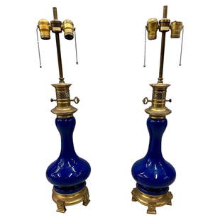 Vintage Pair of Cobalt Blue Warren Kessler Porcelain Table Lamps, Brass, Labeled: Title: Vintage Pair of Cobalt Blue Warren Kessler Porcelain Table Lamps, Brass, LabeledDescription: Vintage Pair of Cobalt Blue Warren Kessler Porcelain Table Lamps, Brass, Labeled Each having a fine