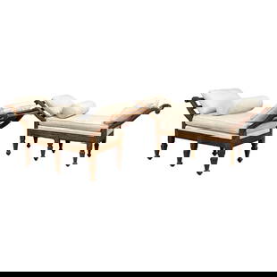 Pair of Mid Century Window Benches, Daybeds, Custom Upholstery, Pillows: Title: Pair of Mid Century Window Benches, Daybeds, Custom Upholstery, Pillows Description: A Pair of Window Benches or Daybeds of Palatial Form having wood frames in the Louis XVI Style with large dr