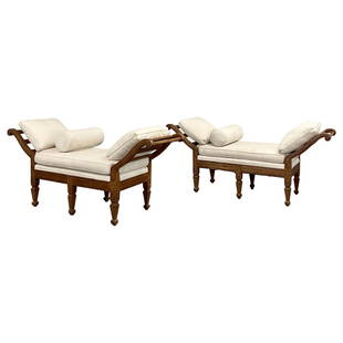 Pair of Mid Century Window Benches, Daybeds, Custom Upholstery, Pillows: Title: Pair of Mid Century Window Benches, Daybeds, Custom Upholstery, Pillows Description: A Pair of Window Benches or Daybeds of Palatial Form having wood frames in the Louis XVI Style with large dr