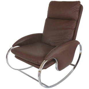 1970s Guido Faleschini Chrome Rocking Chair: 1970s Guido Faleschini Chrome Rocking Chair A sleek Mid-Century Modern curved chrome frame rocking chair upholstered in Naugahyde. The chair is finished elegantly with zippered cushions. The chrome