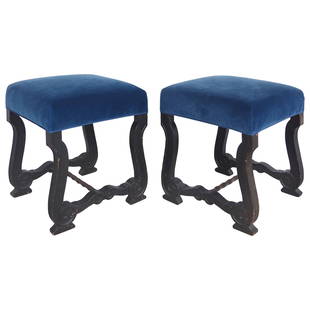 Antique European Carved Wood Stools Upholstered in Velvet, Pair: Antique European Carved Wood Stools Upholstered in Velvet, Pair Offered for sale is an elegant pair of antique European carved wood benches acquired from the Au Marche Paris flea market. The stools