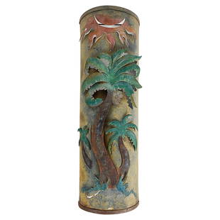 Tropical Exterior Metal Painted Palm Tree Wall Sculpture: Tropical exterior metal painted palm tree wall sculpture. Offered for sale is a tropical, outdoor mixed metal painted palm tree wall sculpture. This work is from an amazing Miami Beach island estate