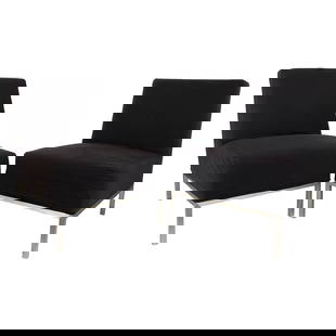 Mid-Century Modern Slipper Chairs on Stainless Steel Frames, Pair: Mid-Century Modern slipper chairs on stainless steel frames, pair Offered for sale is an overscale pair of Mid-Century Modern upholstered slipper chairs with stainless steel frames. These comfortable