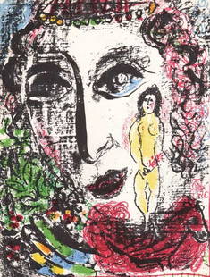1963 Marc Chagall Lithograph Apparition at the Circus: Artist: Marc Chagall Country: Russia Title: Apparition at the Circus Medium: Original Lithograph Not signed not numbered Printed: by Mourlot, France 1963 Paper Size: Vellum paper 12.5 x 9.5 inch Prove