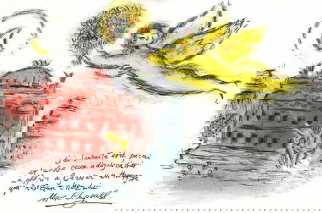 Chagall Homage a Garnier Lithograph signed Paris Opera*: Artist: Marc Chagall Country: Russia Title: Homage a Garnier Medium: Lithograph Marks: Signed in plate not numbered Printed: by Mourlot, France 1966 Paper Size: 13 x 20 inch folded as published Proven