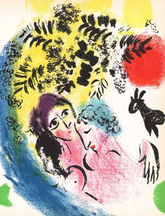 1960 Chagall Lithograph Les amoureux au soleil rouge: Artist: Marc Chagall Country: Russia Title: Les amoureux au soleil rouge Medium: Original Lithograph Marks: Not signed not numbered Printed: 1960 by Mourlot, France Paper: Vellum paper 12.5 x 9.5 inch