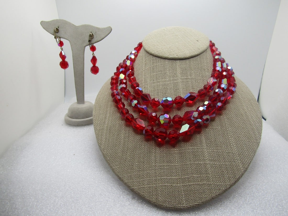 Vintage Deep Red Aurora Borealis Necklace & Earrings, Triple Strand, 1940's-1960's, 16" (1 of 1)