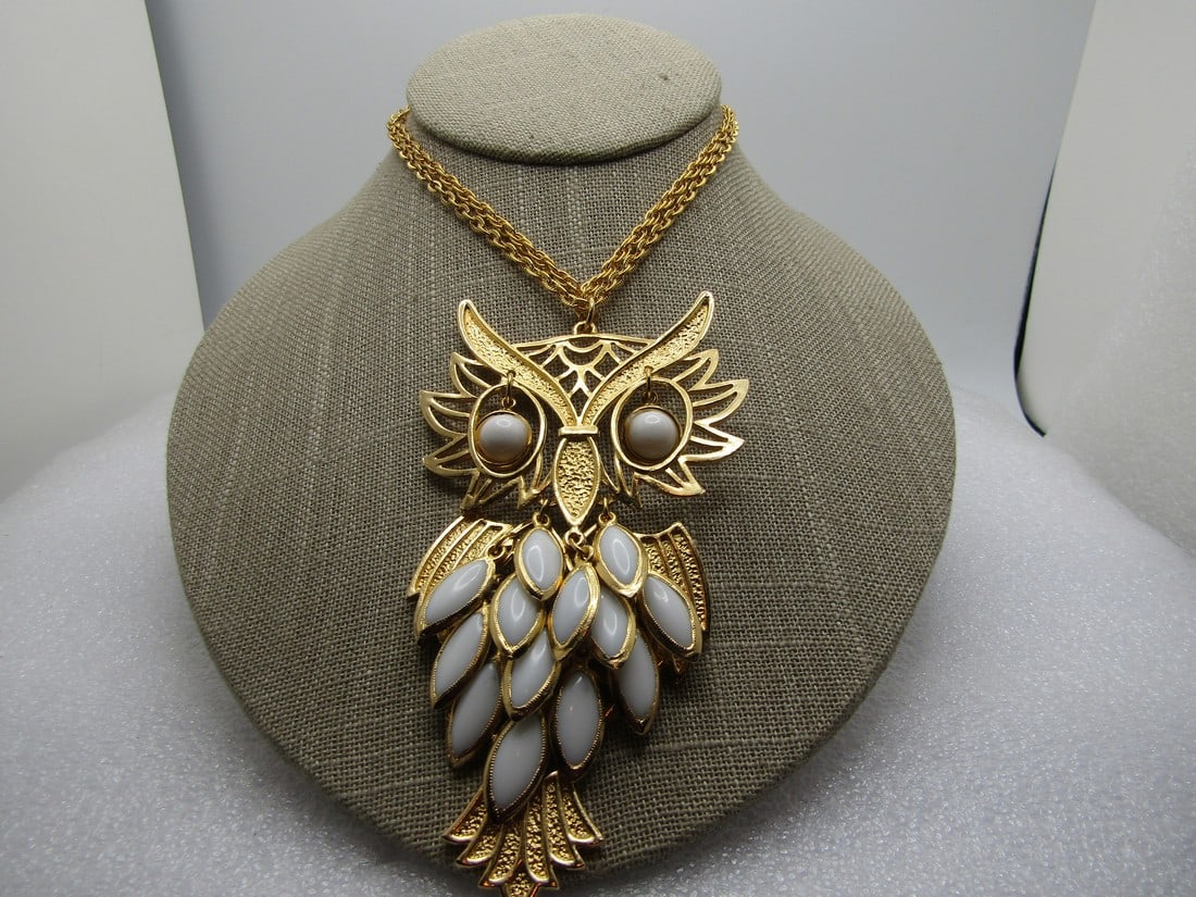 Vintage Dangling Feather Owl Necklace, 1960's-1970's, 24" (1 of 1)