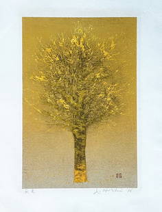 Joichi Hoshi (1913-1979): Autumn Light: ARTIST/TITLE: Joichi Hoshi (1913-1979): Autumn Light Date: 1978 Medium: Woodblock Print Size:The print image measures 6 3/8 X 9 1/2 inches plus margins Condition: The previously framed print is in exc