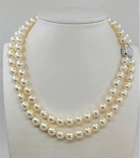 Exceptional - 9x9.5mm Double Akoya Pearl - Necklace: Title: Exceptional - 9x9.5mm Double Akoya Pearl - NecklaceDescription: A beautiful double pearl necklace of white saltwater Akoya pearls with exceptional lustre, finished with a 925 sterling silver