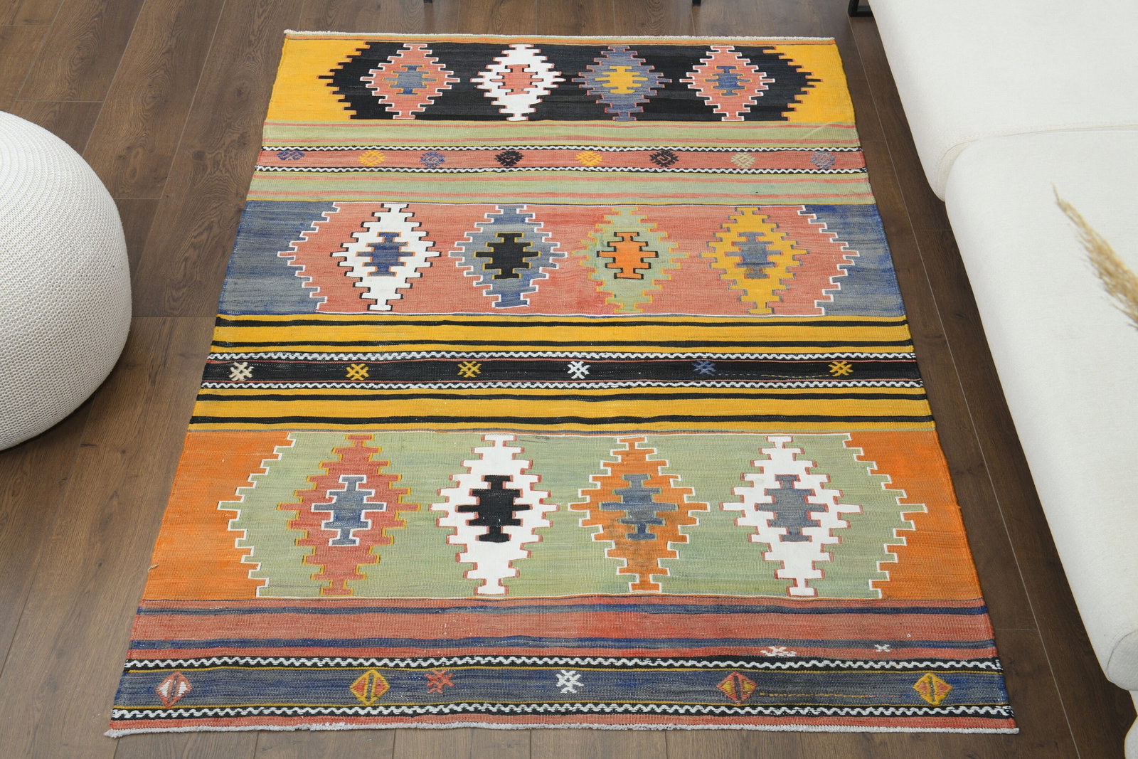 1970s Kilim Oushak Handmade Wool Rug: Title: 1970s Kilim Oushak Handmade Wool Rug Origin: Turkey Date/Period: 1960 - 1970 Materials: Wool and Cotton Size: Dimensions: 4.2x5.8 ft (129x178 cm) Description: This Turkish one-of-a-kind Vintage
