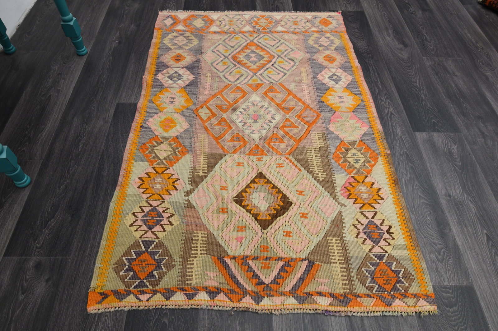 1970s Kilim Oushak Handmade Wool Rug: Title: 1970s Kilim Oushak Handmade Wool Rug Origin: Turkey Date/Period: 1960 - 1970 Materials: Wool and Cotton Size: SIZE : 3.2x5 feet & 98x152=149 cm Description: This Turkish one-of-a-kind Vintage F