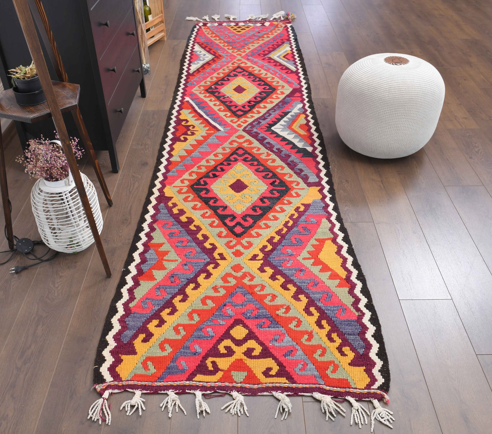 1970s Kilim Oushak Handmade Wool Rug: Title: 1970s Kilim Oushak Handmade Wool Rug Origin: Turkey Date/Period: 1960 - 1970 Materials: Wool and Cotton Size: Dimensions: 3x11.5 ft (91x350 cm) Description: This Turkish one-of-a-kind Vintage F