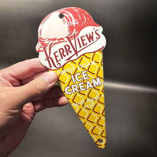 8" Enamel Cast Iron Ice Cream Cone Sign: 8" Long 3 1/2" Wide Such a neat retro style ice cream cone plaque. While this is a reproduction it is hard to tell its age. Reserve: $20.00 Shipping:Domestic: Flat-rate of $8.00 to anywhere within