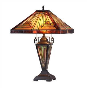 24.2" Stained Glass Mission Table Lamp Lighted Base: 24.2" tall 16.1" wide shade (2) 100 Watt max E26 Type A and (1) 25w E12 Type C Bulbs (not included) Illuminate your space with the timeless beauty of our reproduction Traditional Mission-Style Table