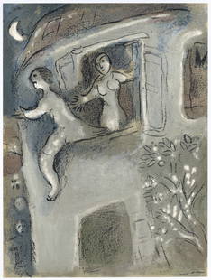 Marc Chagall "Micah Rescues David from Saul" Bible lithograph: Medium: original lithograph. Catalogue reference M 250. This beautiful color lithograph was printed by Mourlot and published in Paris by Teriade for Verve in 1960 for a special edition devoted exclusi