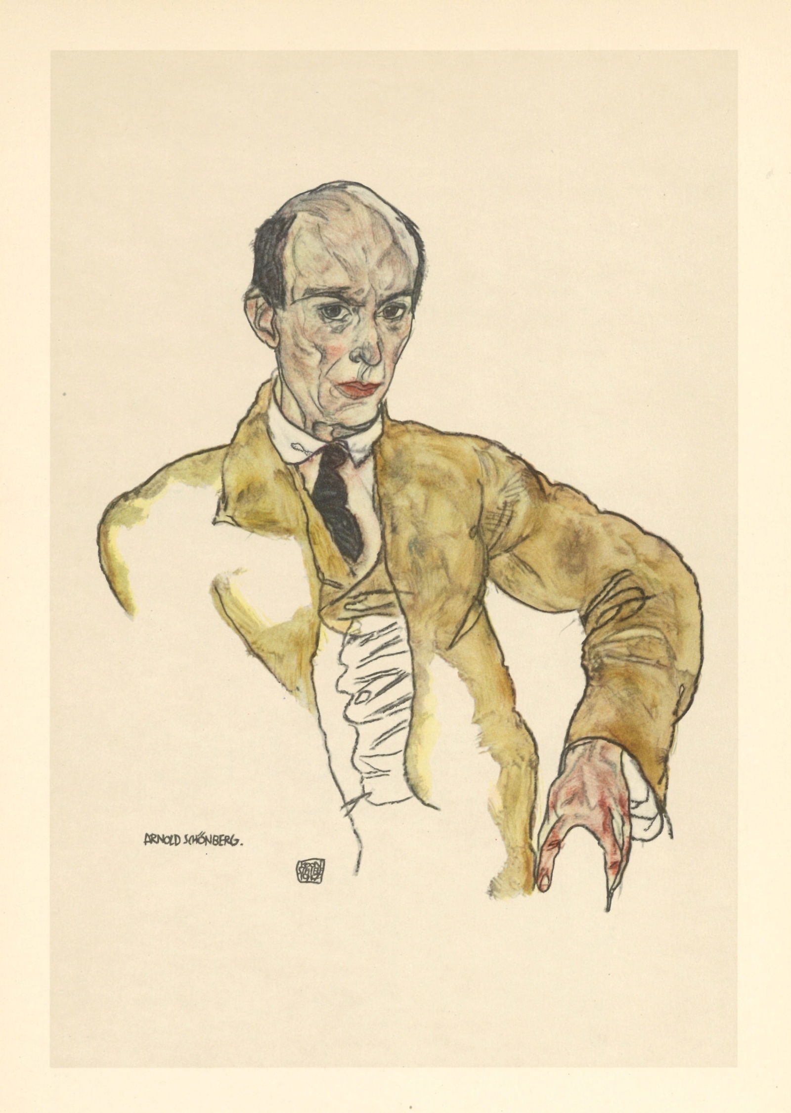 Egon Schiele "Portrait of Arnold Schonberg": Medium: offset lithograph (after the watercolor). Printed in Vienna in 1950 by the Österreichische Staatsdruckerei (Austrian State Printing House) for a scarce portfolio. Image size: 10 3/4 x 7 1