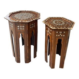 Pair of Moroccan Mosaic Side Tables: This is a super sweet pair of vintage inlaid Moroccan side tables. They add an instant touch of Moroccan magic to any room. Large table 14 3/8” x 14 3/8” x 19 3/4” high. Smaller