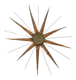 Giant 1960s Metal Sunburst Wall Sculpture: This is arguably the BIGGEST sunburst I have ever seen. It would make SUCH an awesome statement.DIMENSIONS: 72ʺW × 2ʺD × 76ʺHSTYLES: Mid-Century ModernPERIOD: 1960sITEM TYPE: