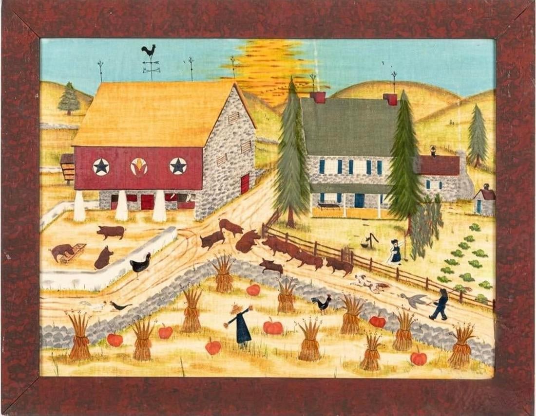 Mid 20th Century Theorem Pennsylvania Dutch Landscape Oil Painting, Framed (1 of 12)