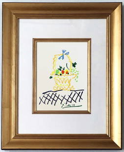 Picasso framed lithograph 63 Floral watch: This Artwork is newly framed with quality mat, material & wood moulding finishing size 18x15 inch Medium: Lithograph Marks: Signed in plate Paper Size: 13.70 x 9.50 inch Printed: 1968 on velum paper P
