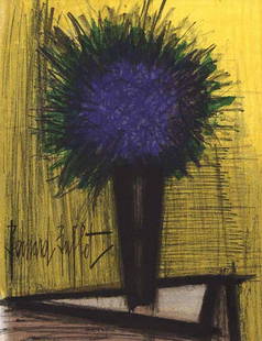 Bernard Buffet lithograph, Purple bouquet of flowers: Artist: Bernard Buffet Title: The purple bouquet of flowers Medium: Original Lithograph Marks: Signed in plate Printed: 1967 by Fernand Mourlot France Paper: Vellum 12.25 x 9.50 inch Provenance: Berna