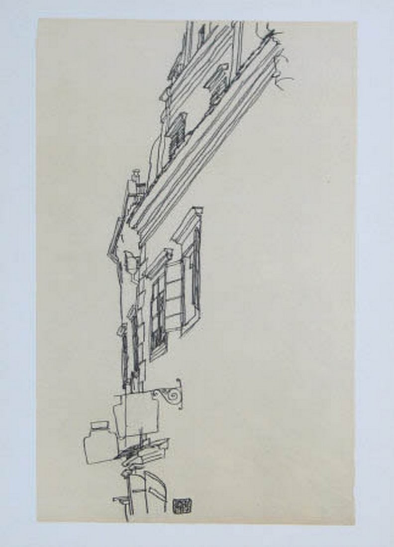 Schiele Lithograph 53, Gabled Houses at Krumau: Artist: Egon Schiele Country: Austria Title: Gabled Houses at Krumau Medium: Lithograph - 53 Marks: Signed in plate Printed: 1968 by Max Jaffe, Vienna Austria Paper: Heavy paper 20 x 14 inch Provenanc