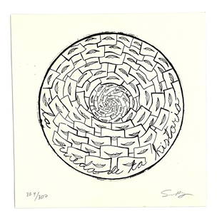 Sandra Ramos, Cuban, engraving, 2002: Artist: Sandra Ramos (Cuba, 1969) Title: La rueda de la historia (La Huella Múltiple) Date: 2002 Medium: engraving Dimensions: 8.1 x 8.1 in. (20.5 x 20.5 cm.) Reserve: $160.00 Shipping: Domestic: