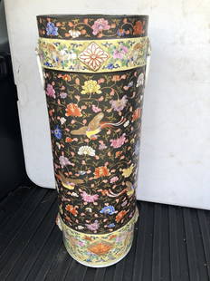 Rare Japanese Fukagawa Imari Umbrella Stand: It measures 24” x 8 1/2” and is marked. It has a tight 4 1/2” hairline on the top rim and a tight spider hairline on the base. Only the shorter hairline goes through to the interior.