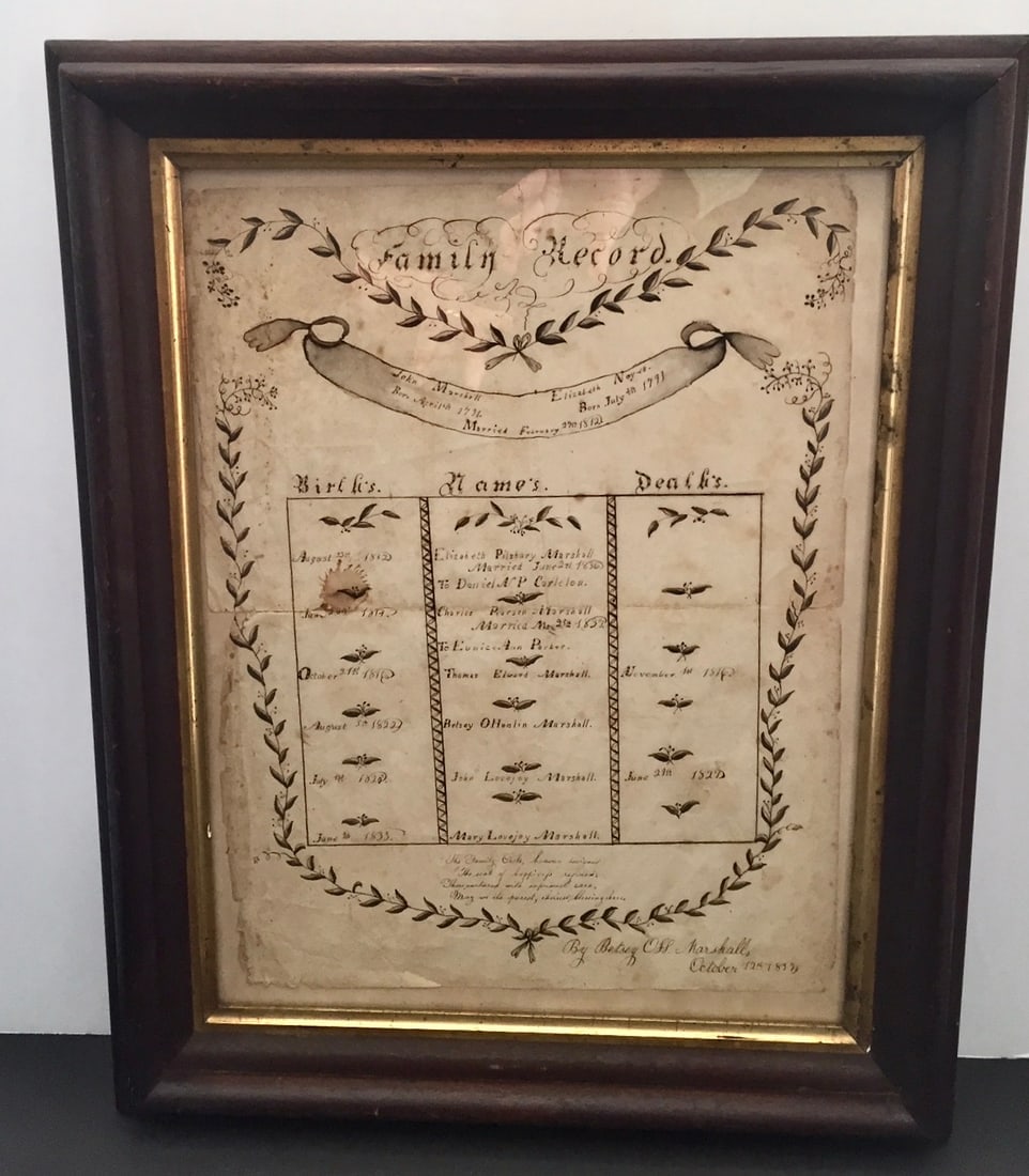 Antique 1837 Marshall Family Record West Newbury MA: Antique Hand decorated Family Record In Brown Ink. It Documents the Marriage Between John Marshall, Born 1791, and Elizabeth Noyes, Also Born in 1791. They Were Married in West Newbury Massachusetts i