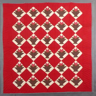 Antique "Cactus Baskets" Quilt: This is an Antique "Cactus Baskets" Quilt. It is all cotton. It dates to c.1875-85. This quilt is in very excellent, unused, unwashed condition. It measures 68" Long X 70" Wide. Note: the side