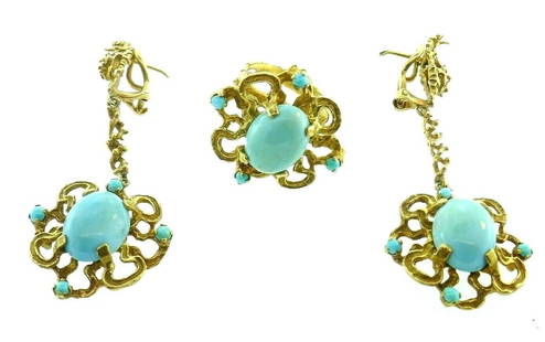 BRUTALIST 14k Yellow Gold & Turquoise Ring & Drop Earrings Set Circa 1960s: DK Brutalist 14k Yellow Gold & Turquoise · This is a must for a collector. The weight of earrings is 14.6 grams. The weight of ring is 9.16 grams. The height of ring is 1 inch. The width of band