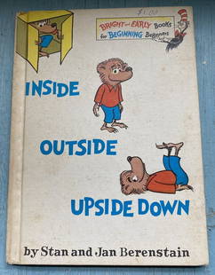 1968 Vintage Inside Outside Upside Down, Stan & Jan Berenstain Book Club 1st: Inside, Outside, Upside Down by Stan and Jan Berenstein. Random House, New York. First Book Club Edition, UVWXYZ, later print,1968. Decorated endpapers. Color illustrations on cover and within.