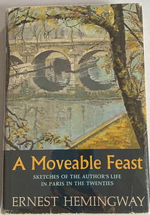 Ernest Hemingway A Moveable Feast Charles Scribner's Sons 1964 1st/1st HC/DJ VG: ERNEST HEMINGWAY "A MOVEABLE FEAST" SKETCHES OF THE AUTHOR'S LIFE IN PARIS IN THE TWENTIES First Edition/First Printing. A-3.64(H) on copyright page. Charles Scribner's Sons, New York 1964. Hardcover