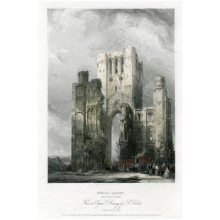 Kelso Abbey, Roxburgshire (Scotland). Antique engraving: Kelso Abbey. Engraver: William Alexander le Petit (1804?-1896). Artist: after David Roberts (Scottish, 24 October 1796 – 25 November 1864). Media: hand-coloured steel line engraving on paper. Pu