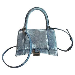 Balenciaga Painted Blue Denim Hourglass Small Crossbody Handbag: Title: Balenciaga Painted Blue Denim Hourglass Small Crossbody HandbagDescription: Pinted light blue and white denim Nappa calfskin with aged silver tone B logo hardware - Adjustable and removable