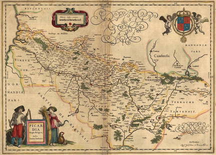Picardia Regio Belgica...: Publication Date: c1640 Title: Picardia Regio Belgica... Cartographer: Surhonius, Jean and Jacques Publisher: Willem Janszoon and Joan Blaeu Height: 15 Width: 20.8 French royal arms in cartouche surro
