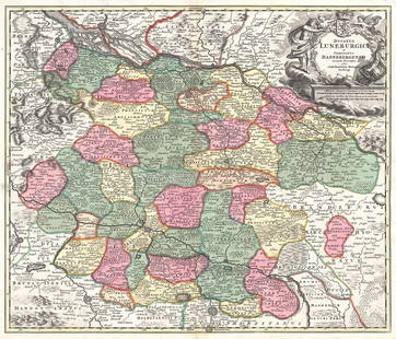 Ducatus Luneburgici Et Comitatus Dannebergensis...: Publication Date: c1730Title: Ducatus Luneburgici Et Comitatus Dannebergensis...Cartographer: Homann, Joh. Bapt.Publisher: Joh. Bapt. HomannHeight: 19Width: 22.5 Region between Hamburg and Hannover.