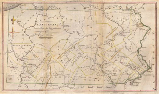 Pennsylvania Drawn from the Latest Authorites: Publication Date: 1796 Title: Pennsylvania Drawn from the Latest Authorites Cartographer: HARRIS, CYRUS/A. DOOLITTLE Publisher: THOMAS & ANDREWS Height: 7.5 Width: 13 "by Cyrus Harris. Engraved by A.