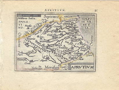 1602 Ortelius Map of Abruzzi Province, Italy -- Aprutium: Title: 1602 Ortelius Map of Abruzzi Province, Italy -- Aprutium Cartographer: A Ortelius Year / Place: 1602, Antwerp Map Dimension (in.): 3 X 4.1 in. This is a charming smaller map of the Italian prov