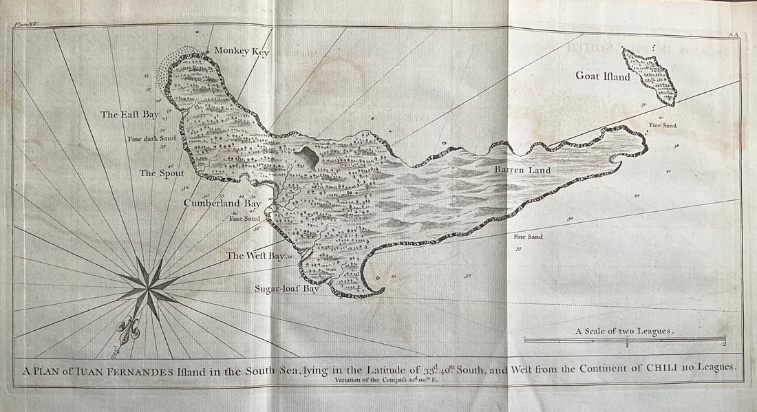 1756 Juan Fernandez Archipelago, Robinson Crusoe Island, by G. Anson: Title: 1756 Juan Fernandez Archipelago, Robinson Crusoe Island, by G. Anson Date/Period: 1756 Materials: Copper plate engraved Size: 20 3/4” x 20” br>This map depicts the remote Juan Ferna