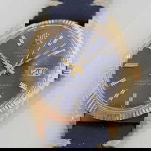 Mens Rolex Oyster Perpetual Date Ref 1503 14k Gold 35mm Automatic 1960s RA264B: Iconic luxury, Men's solid 14k gold Rolex Oyster Perpetual Date ref.1503 automatic, c.1968. Verified authentic by a master watchmaker. Stunning Rolex signed original blue dial, applied gold indice hou