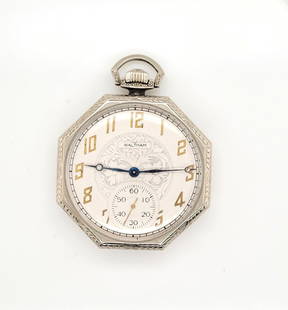 Antique 14K White Gold Waltham Deco 17 Jewel Pocket Watch: Item Details: Antique 14K White Gold Waltham Deco 17 Jewel Pocket Watch Watch measures 55.58 x 43.2mm Crown measures 6.83mm White dial Crystal is clean 57.6 grams Inventory # 0622W-28 ALN <b