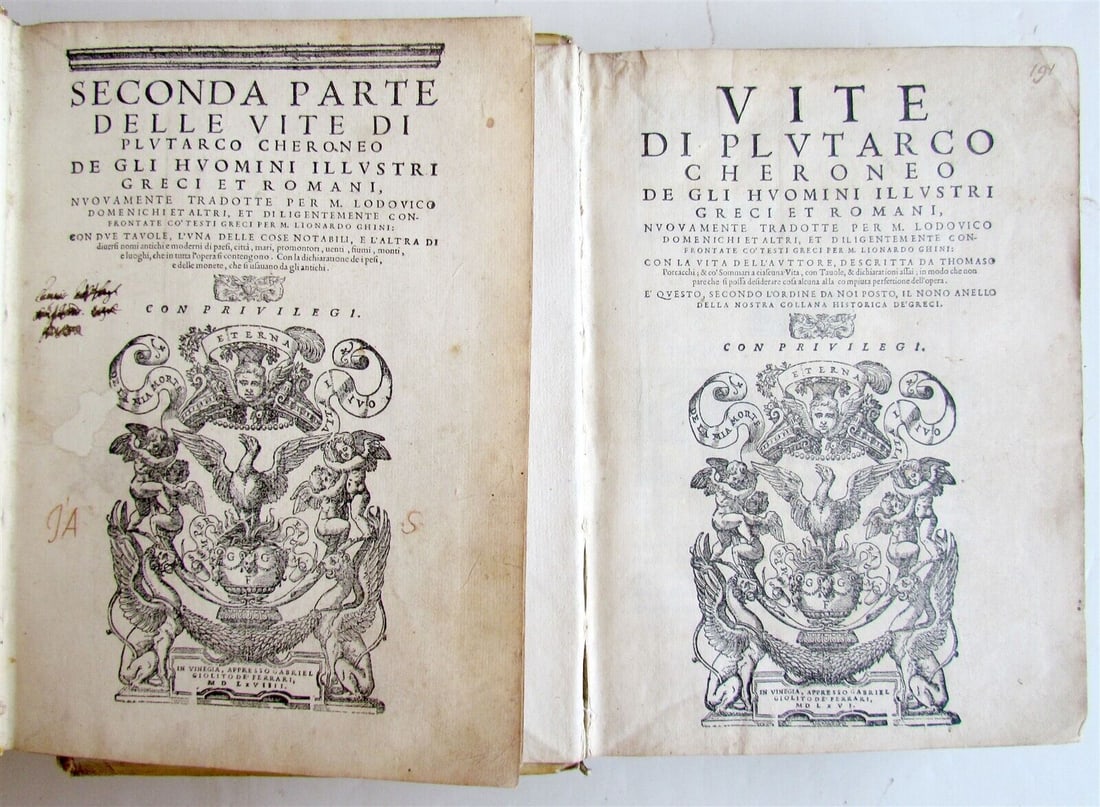 1566-1568 PLUTARCH LIVES 2 VOLUMES antique VELLUM BOUND 16th century (1 of 12)