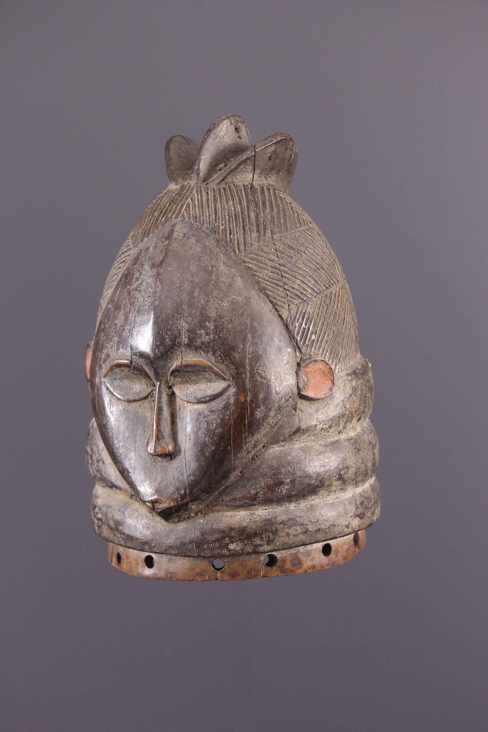 Mende mask - Sierra Leone - African Art Tribal Art: Title: Mende mask - Sierra Leone - African Art Tribal Art Description: In African art, sowei masks, a feminine ideal in Mende culture, embody aquatic spirits. This janiform mask forms an example of th