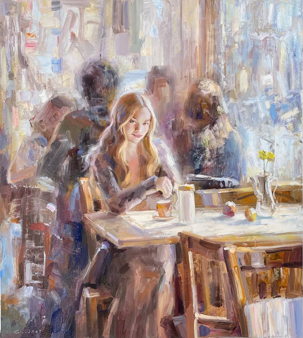 Gudaev Kostyantyn - Girl in the the cafe: Artist/Title: Gudaev Kostyantyn - Girl in the the cafe Date: 2023 Medium: oil on canvas Dimensions: 49 x 44 cm Additional Information: Ukrainin painter. Graduated from Odessa fine art school and colle