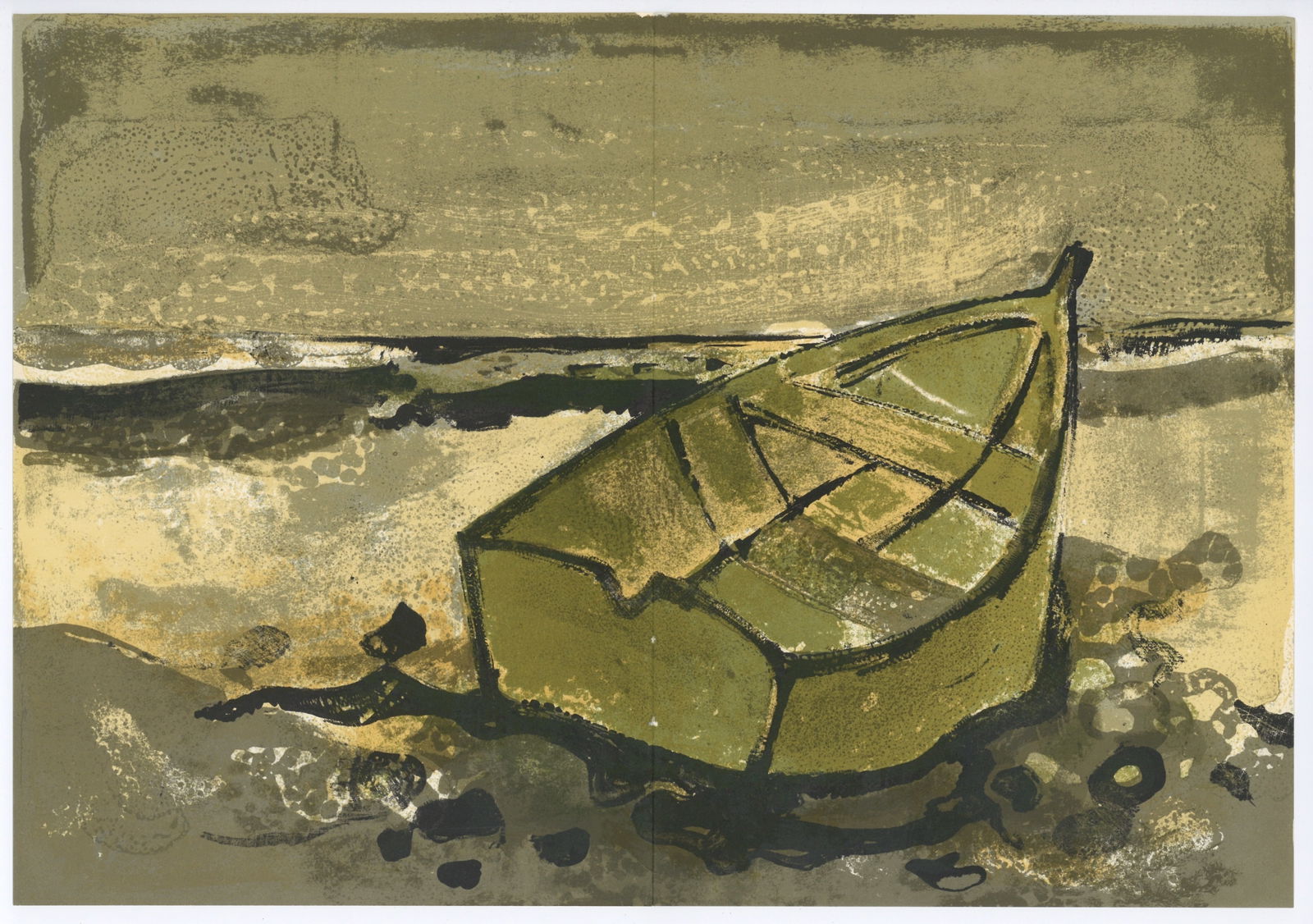 Andre Minaux original lithograph "La barque echouee": Medium: original lithograph. Printed in Paris in 1962 by the atelier of Fernand Mourlot. Size: 10 x 14 1/4 inches (250 x 360 mm). Not signed. Condition: issued as a folded sheet with pinholes from the