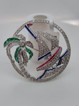 DIAMOND AND MULTI GEM SAIL BOAT BROOCH: Stone: Natural Diamond, Sapphires, Rubys and Emeralds Metal: 18K White Gold Diamond Color: E Diamond Clarity: VS1 Length: 1.5 Inches in Diameter Weight: 14.2 grams Reserve: $2,800.00 Shi